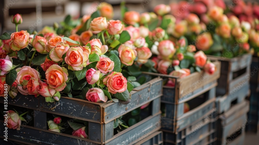 Close-up of crates brimming with fresh, colorful roses, prepared for shipping in a rustic warehouse