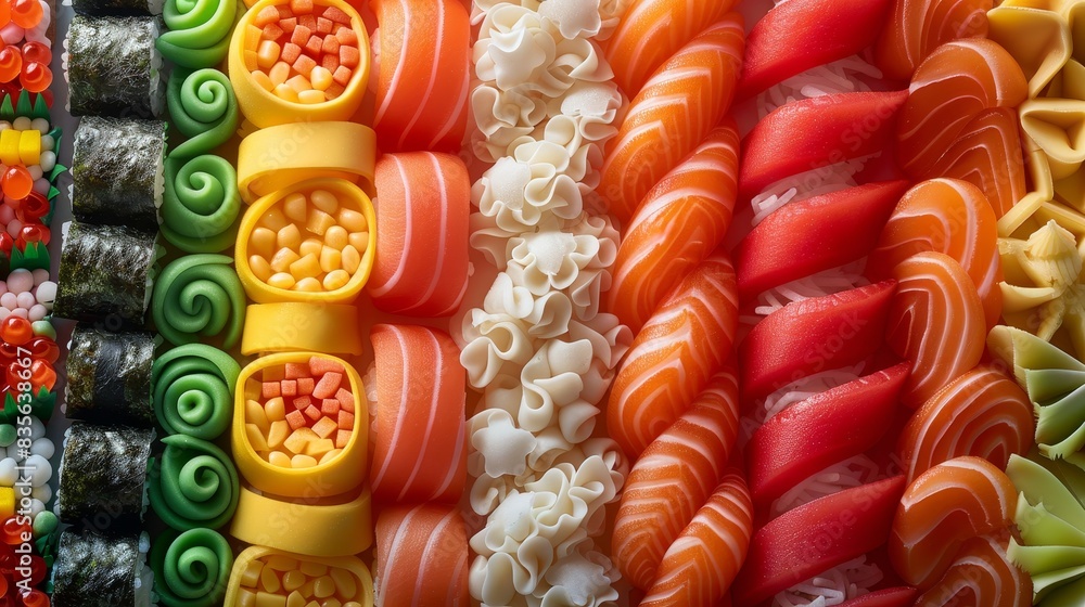 Close-up of a vibrant plasticine sushi platter with colorful rolls, delicate details, and realistic textures Close-up of a vibrant plasticine sushi platter with colorful rolls, delicate details, and realistic textures