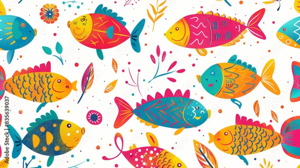Seamless pattern with fish. Lovely, pretty pattern of fish and flowers, leaves. for fabric, silk, printing. Seamless pattern with fish. Lovely, pretty pattern of fish and flowers, leaves. for fabric, silk, printing.
