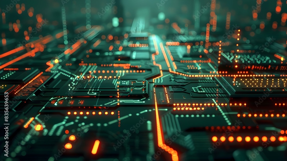 Obraz premium Futuristic Colorful Circuit Board with Glowing Neon Lights and Geometric Patterns