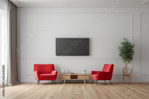Interior home of living room with LED TV on wooden cabinet and red armchair on white wall copy space