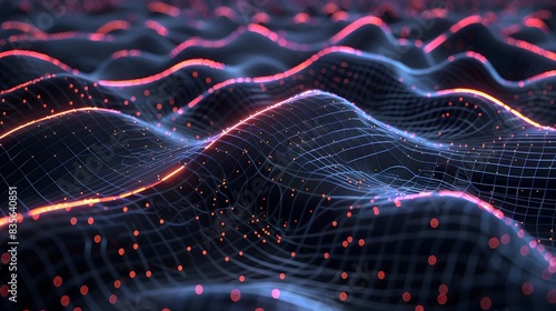 Futuristic Digital Wave Network with Glowing Light Particles and Abstract Shapes photo