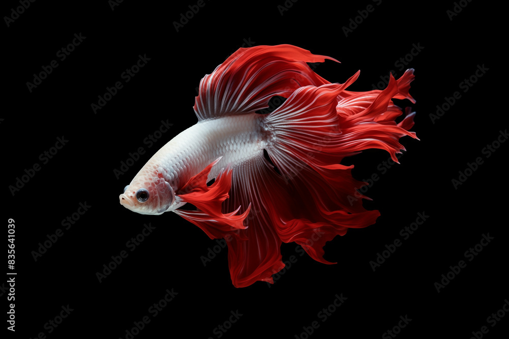 Fototapeta premium Red white siamese fighting fish on black background. Betta fish