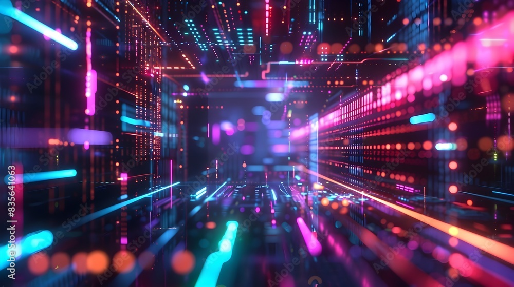 Futuristic Neon Corridor with Vibrant Lights and Geometric Patterns