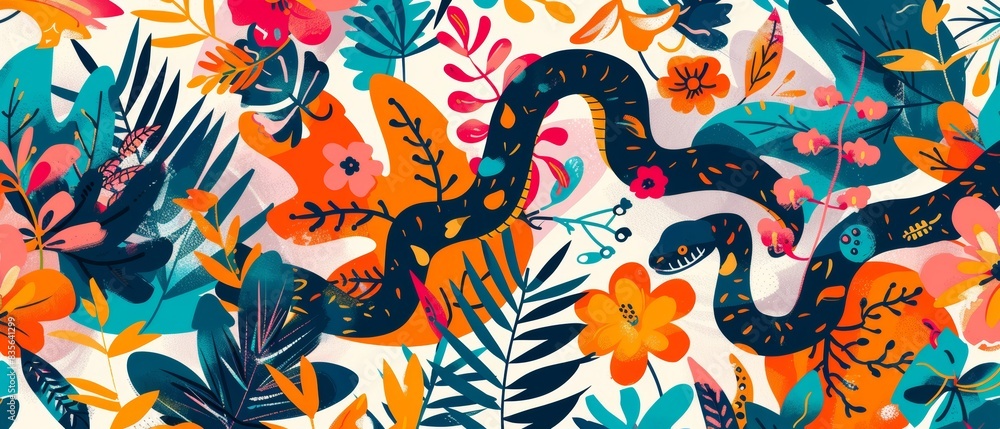 Seamless pattern with snake. Lovely, pretty pattern of snake and flowers, leaves. For fabric, silk, printing. Seamless pattern with snake. Lovely, pretty pattern of snake and flowers, leaves. For fabric, silk, printing.