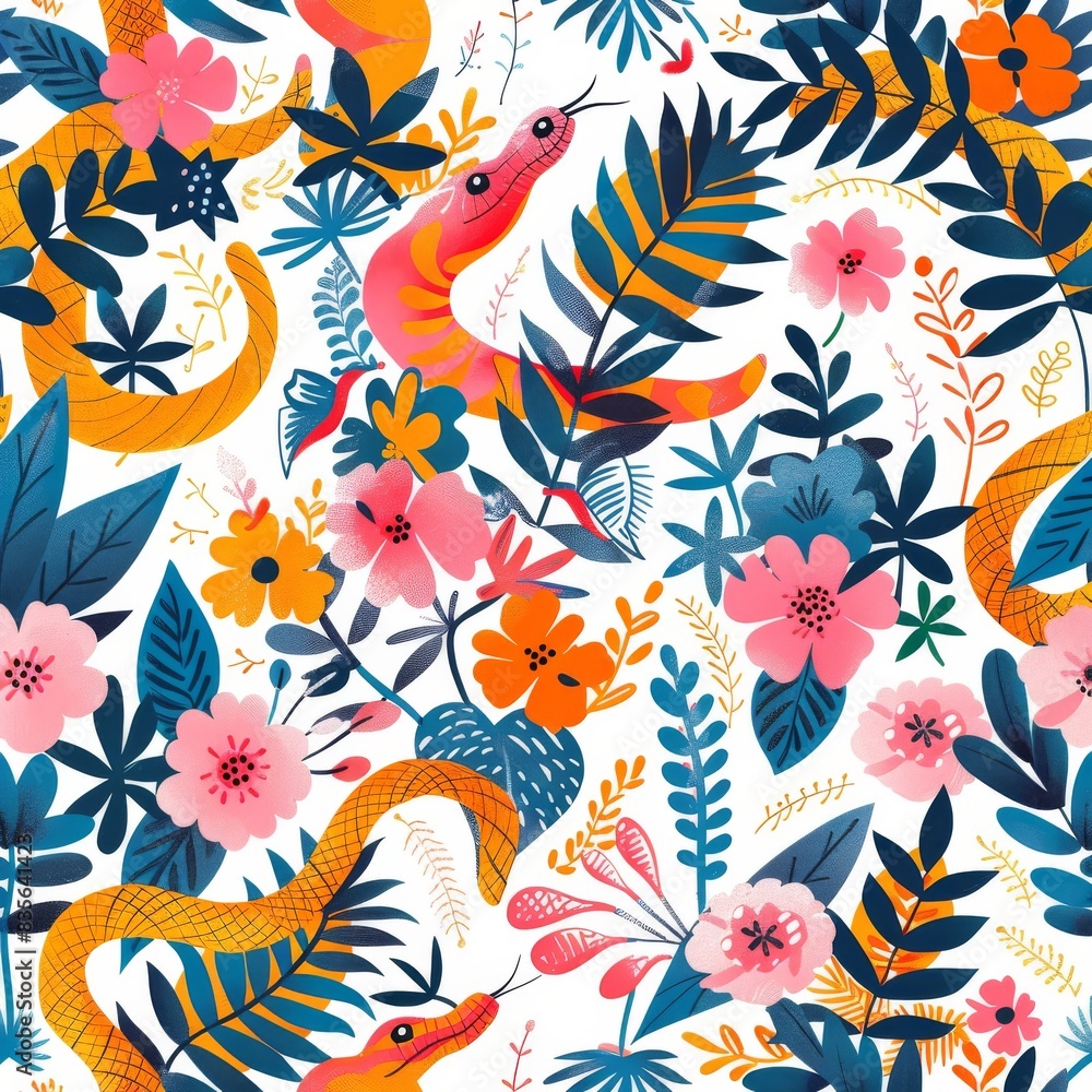 Obraz premium Seamless pattern with snake. Lovely, pretty pattern of snake and flowers, leaves. For fabric, silk, printing.