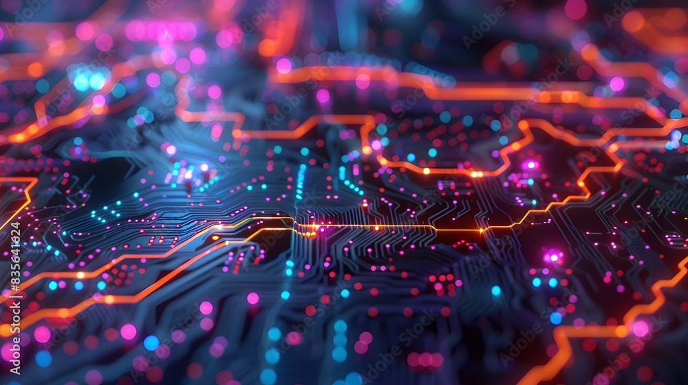 Glowing Futuristic Digital Circuit Board with Neon Lights and Connections Glowing Futuristic Digital Circuit Board with Neon Lights and Connections