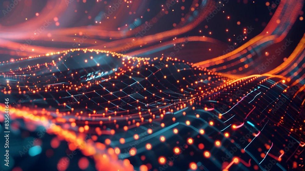 Glowing Futuristic Digital Landscape with Abstract Geometric Shapes and Waves Glowing Futuristic Digital Landscape with Abstract Geometric Shapes and Waves