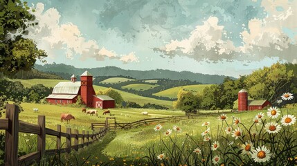 Canvas schilderij Boerderij Rustic Farmhouse Scene: Illustrate a rustic farmhouse scene with barns, rolling fields, and farm animals,  © tanongsak