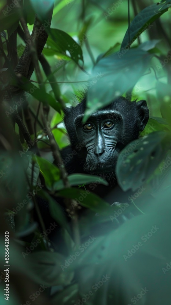 Obraz premium A baby monkey is peeking out from the leaves of a tree