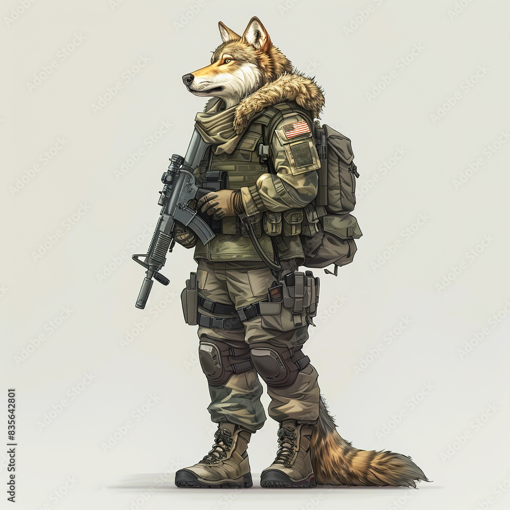 Fighter Wolf with gun cartoon. 3D Army Wolf Soldier cartoon with weapons Fighter Wolf with gun cartoon. 3D Army Wolf Soldier cartoon with weapons