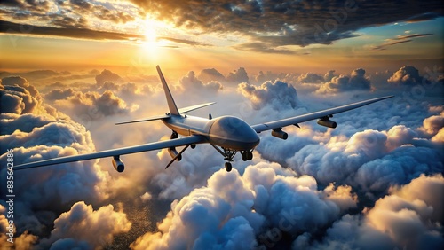 MQ-9 Reaper drone slicing through the clouds in a display of military technology prowess, drone, MQ-9, Reaper, military, technology, fast, clouds, flying, aircraft, surveillance