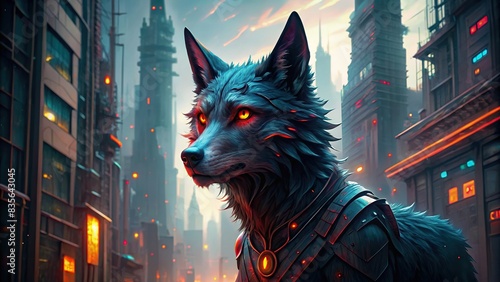 A cyberpunk cyborg wolf with glowing red eyes standing in a futuristic cityscape , Animal, Wolf, Cyberpunk, Cyborg, Technology, Futuristic, Cityscape, Red eyes, Artificial intelligence photo