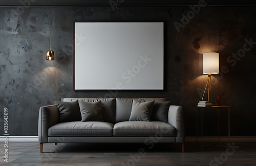 Modern living room interior with dark walls Concrete floor and Picture frame mockup © MDSAYDUL