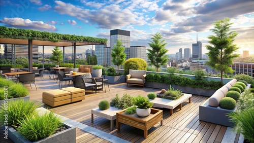 Eco-friendly rooftop garden with modern furniture for office and home settings , rooftop, garden, eco-friendly, office, home, furniture, green, sustainable, corporate, building, urban