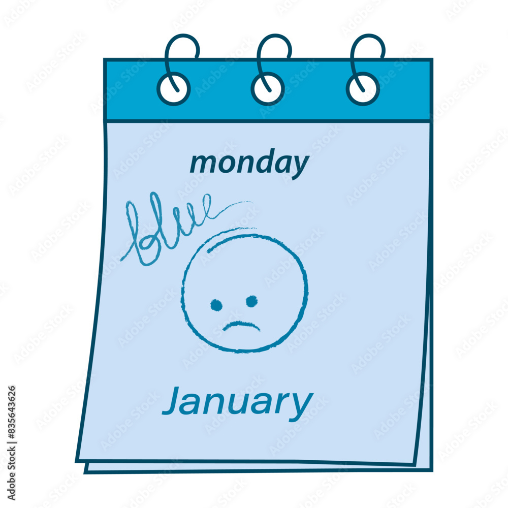 Calendar sheet with inscription monday January and hand drawn lettering blue and sad smiley face Calendar sheet with inscription monday January and hand drawn lettering blue and sad smiley face