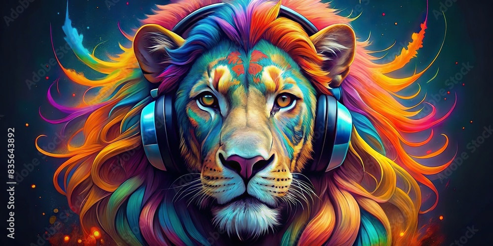Colorful of a lion face wearing headphones, DJ, lion, colorful,face, headphones, t-shirt, graphics, design, music, animal, wild, king, electronic, party, sound, digital, funky