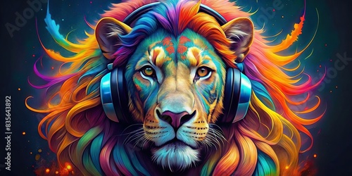 Colorful of a lion face wearing headphones  DJ  lion  colorful face  headphones  t-shirt  graphics  design  music  animal  wild  king  electronic  party  sound  digital  funky