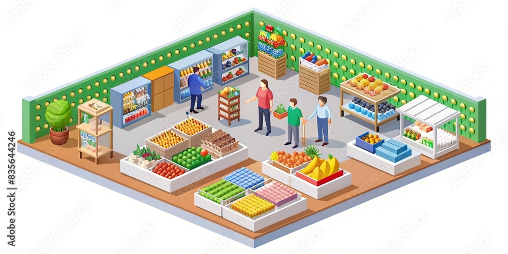 isometric shopping and food store with various products, , isometric, shopping, store, food, shop, products, groceries, supermarket, aisle, display, empty, interior, design, architecture