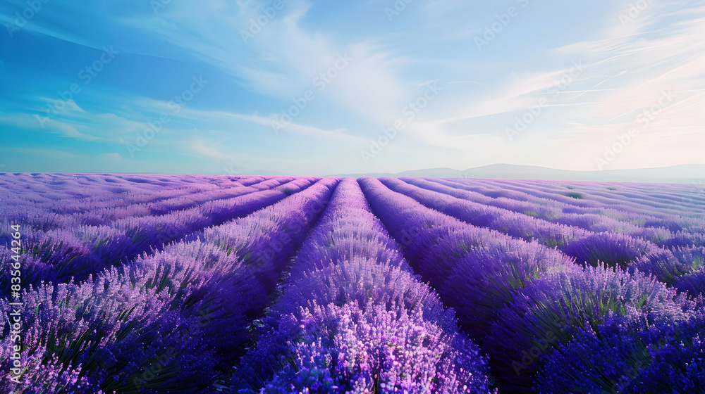 Obraz premium Serene lavender field in full bloom, stretching to the horizon with vibrant purple flowers, under a clear blue sky