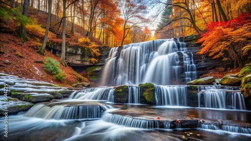 Serene winter waterfall cascading in an autumn landscape   serene  winter  waterfall  autumn  landscape  peaceful  tranquil  nature  scenic  beautiful  seasonal  foliage  trees  flowing