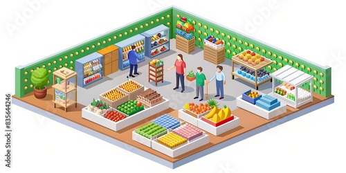 isometric shopping and food store with various products    isometric  shopping  store  food  shop  products  groceries  supermarket  aisle  display  empty  interior  design  architecture