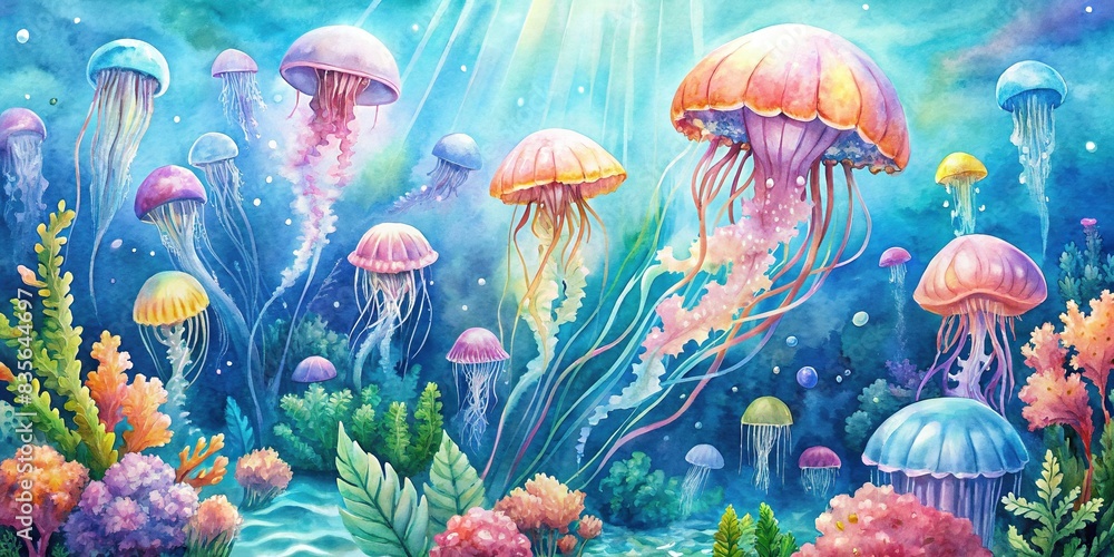 Watercolor clipart of pastel jellyfish in an under the sea ocean setting , watercolor, clipart,pastel, jellyfish, under the sea, sealife, oceanlife, underwater, aquatic, colorful, marine
