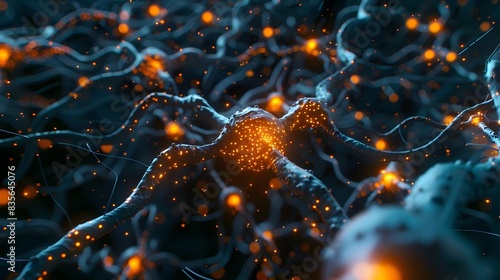 Glowing Neuron Network - Abstract Microscopic View of Cellular Connectivity and Brain Function photo