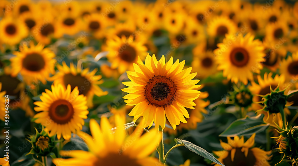 Obraz premium Expansive sunflower field in full bloom, with bright yellow flowers stretching as far as the eye can see under a clear sky