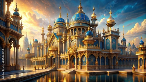 Stunning fictional palace with golden and blue tones for a royal setting, palace, golden, blue, royal, luxury, regal, majestic, architecture, grand, opulent, extravagant, fantasy, kingdom photo