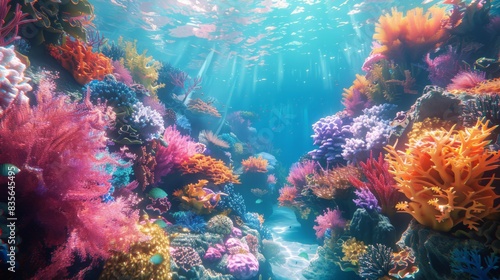 Underwater World  Depict an enchanting underwater world with colorful coral reefs  exotic marine life  and clear blue waters  perfect for aquatic-themed projects and conservation campaigns.