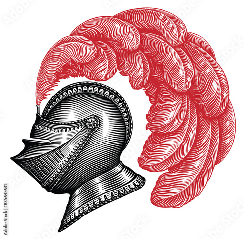 Knight's helmet with plume. Editable hand drawn illustration. Vector vintage engraving. Isolated on white background. 8 EPS