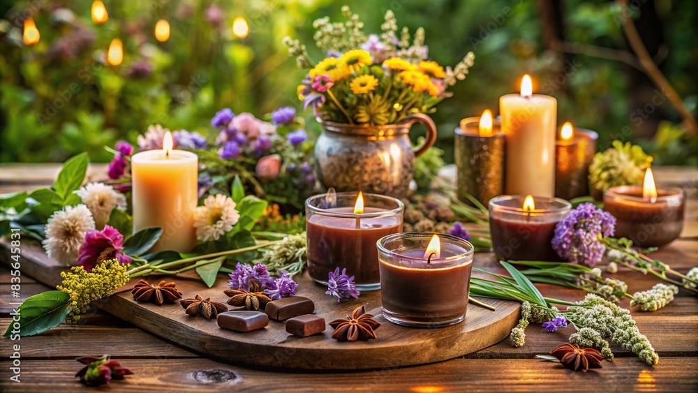 A serene setting for a cacao ceremony, with candles, flowers, and herbs scattered on a wooden table , Cacao, Ceremony, Ritual, Healing, Meditation, Serenity, Tranquility, Spiritual