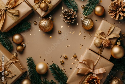 New Year card with Christmas gift boxes and golden decorations on khaki background - Generative Ai