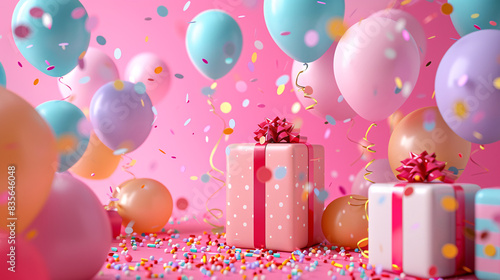 Celebrate with a beautiful gift box, sparkling golden balloons, and a festive curtain backdrop.