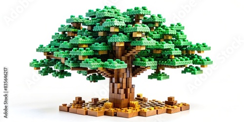 Large Lego tree with green and brown pieces on white background, Lego, tree, green, brown, isolated, white background, plant, nature, toy, build, creativity, concept, block, play