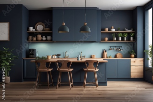Interior home of luxury kitchen corner on dark blue wall  hardwood floor