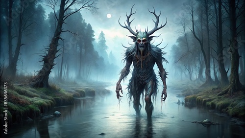 A creepy wendigo creature lurking beside a dark river , mythological, evil, spirit, Algonquian, folklore, wendigo, creature, myth, legend, scary, horror, monster, dark, spooky, forest photo