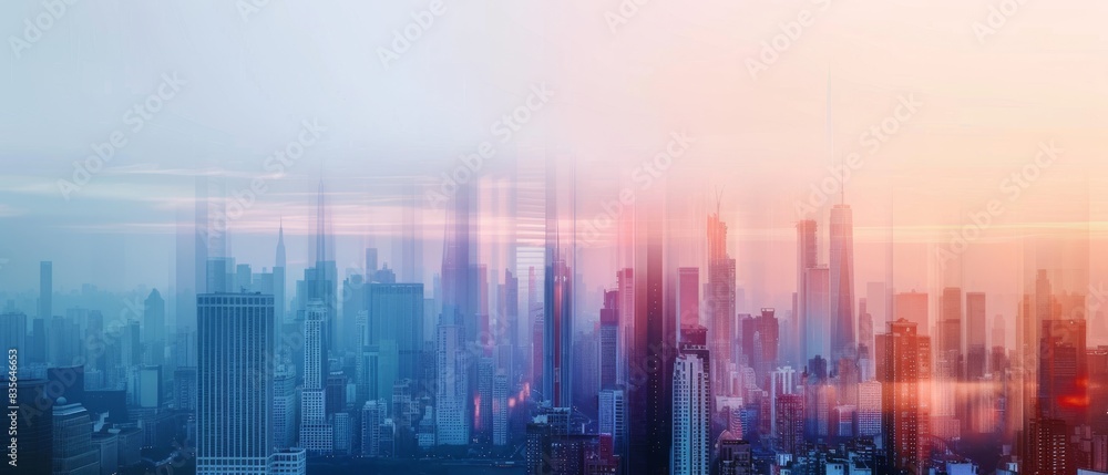 Soft-focused city skyline in blue and pink hues at dusk, capturing an abstract beauty. Abstract depiction of a city skyline. Soft-focused city skyline in blue and pink hues at dusk, capturing an abstract beauty. Abstract depiction of a city skyline.