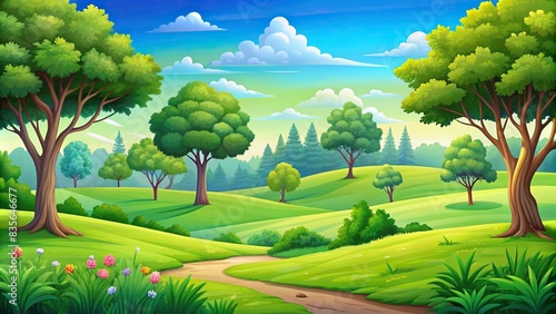 Vibrant cartoon of a summer green landscape with blue sky  trees  and lush grass  nature  summer  green landscape  sky  background  spring  grass  forest  trees  beauty  environment