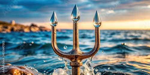 Close-up of trident prongs with dripping water and blurred sea background, trident, sea, water, drop, close-up, prongs, blue, ocean, weapon, myth, Poseidon, ancient, sharp, metal, underwater photo