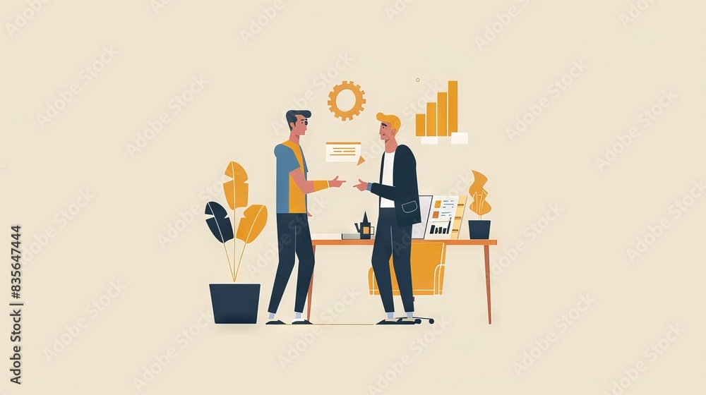 An illustration in 2D flat style featuring a character meeting with a business partner to discuss a new venture. The minimalist design highlights the collaboration and partnership essential for An illustration in 2D flat style featuring a character meeting with a business partner to discuss a new venture. The minimalist design highlights the collaboration and partnership essential for