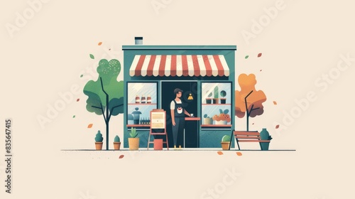A flat design illustration depicting a small business owner proudly standing in front of their new storefront. The minimalist background showcases the simplicity and excitement of launching a new