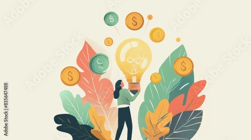 An illustration in 2D flat style showing a character securing startup funding from a venture capitalist. The minimalist design highlights the financial aspects and support necessary to launch a new photo