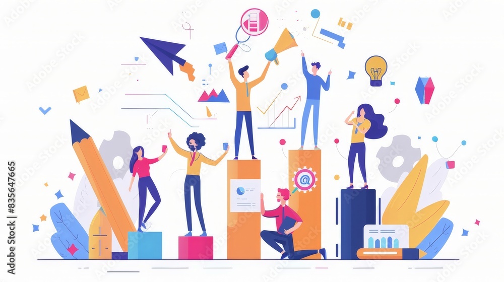 An illustration in 2D flat style showing a character celebrating a business milestone with their team. The minimalist design captures the sense of achievement and teamwork in the entrepreneurial An illustration in 2D flat style showing a character celebrating a business milestone with their team. The minimalist design captures the sense of achievement and teamwork in the entrepreneurial