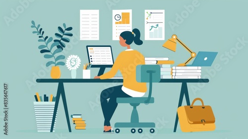 An illustration in 2D flat style featuring a character creating a budget and financial plan for their business. The minimalist design highlights the financial management aspects of starting and