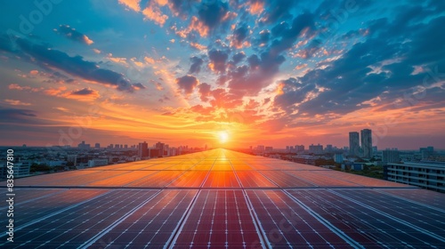 A beautiful sunset over a cityscape with solar panels in the foreground. © Sittipol 