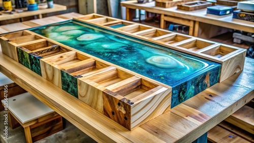 Crafting table with resin and wood, epoxy poured into mold with wooden blanks, crafting, table, resin, wood, epoxy, poured, mold, wooden, blanks, handmade, DIY, workshop, creativity, hobby