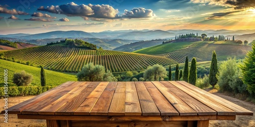 Scenic view of a wooden table overlooking an olive vineyard , rustic, farm, agriculture, Mediterranean, peaceful, serene, harvest, countryside, rural, organic, wood, outdoors, landscape photo