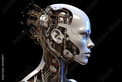 Futuristic design of an android head  with visible wires  connections  and nodes. The cybernetic elements are meticulously integrated  portraying a technological marvel and the convergence of human